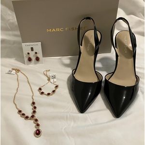 Black Patent Hadya Slingback Pumps with Ruby Red Rhinestone Accessories